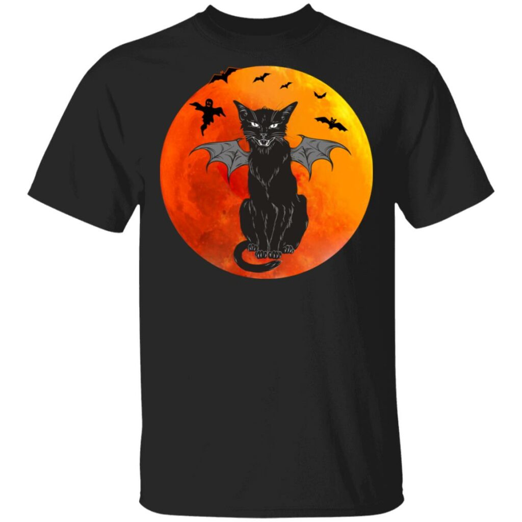 vintage halloween scary black cat with monster wings retro sunset t shirt 1 yf9jc