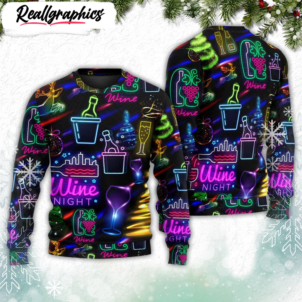 Wine Christmas Neon Art Drinking Ugly Christmas Sweater Christmas Outfits Gift Retro Christmas Sweater RB4925 1 xjavoe