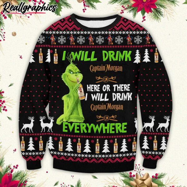captain morgan grinch i will drink everywhere ugly christmas sweater usfgm