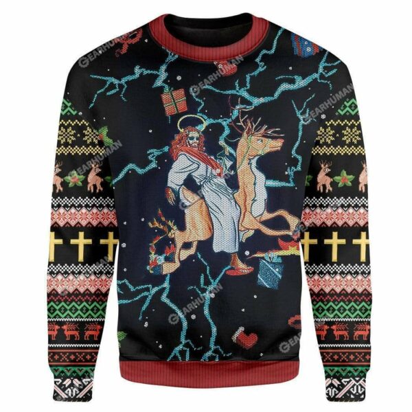 jesus riding reindeer black christmas ugly christmas sweater vfreoc