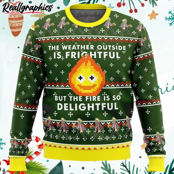 howls moving castle calcifer fire is so delightful ugly christmas sweater t3qig