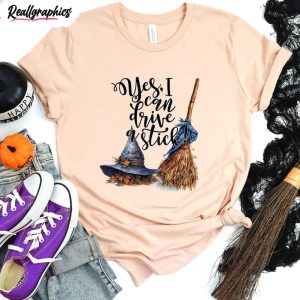 halloween witch broom and hat shirt yes i can drive a stick crewneck unisex t shirt 1 mhecdh