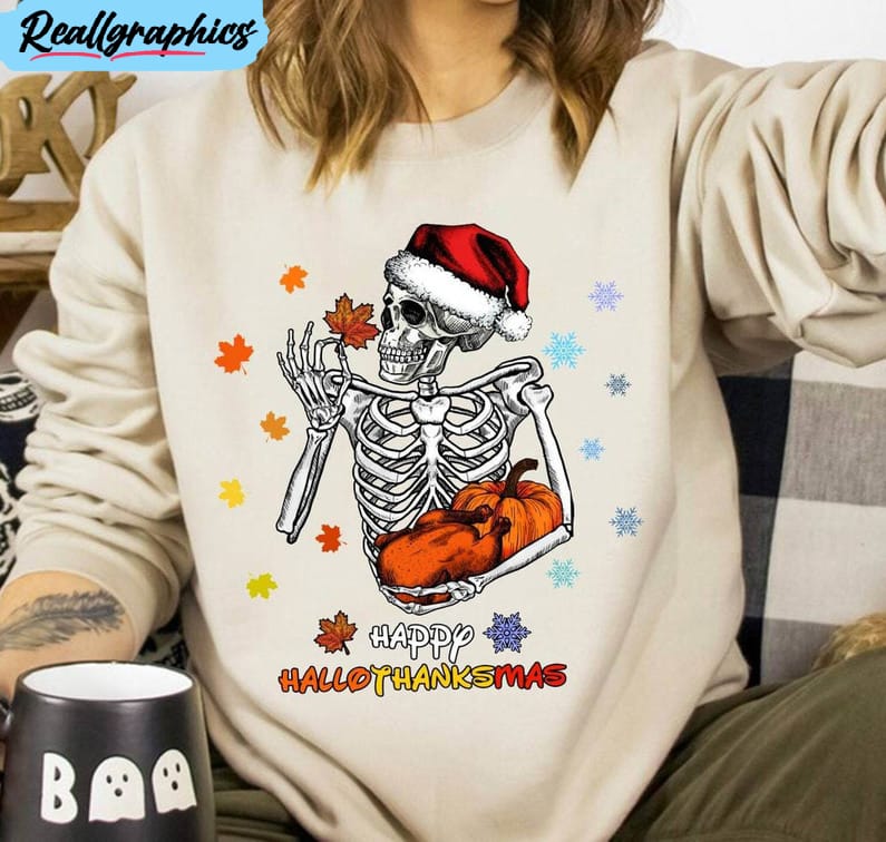 hallothanksmas sweatshirt, halloween skeleton merry christmas sweater hoodie