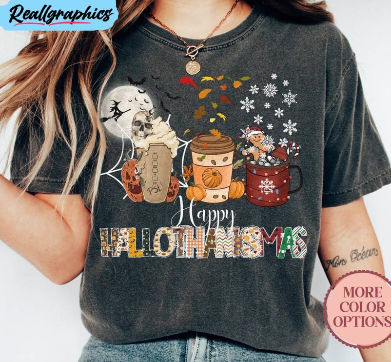 happy hallothanksmas shirt, funny coffee lover halloween short sleeve crewneck