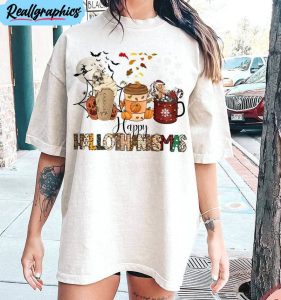 Happy Hallothanksmas Shirt, Funny Coffee Lover Halloween Short Sleeve Crewneck