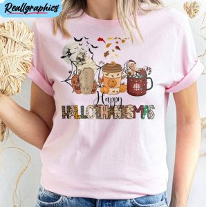 Happy Hallothanksmas Shirt, Funny Coffee Lover Halloween Short Sleeve Crewneck
