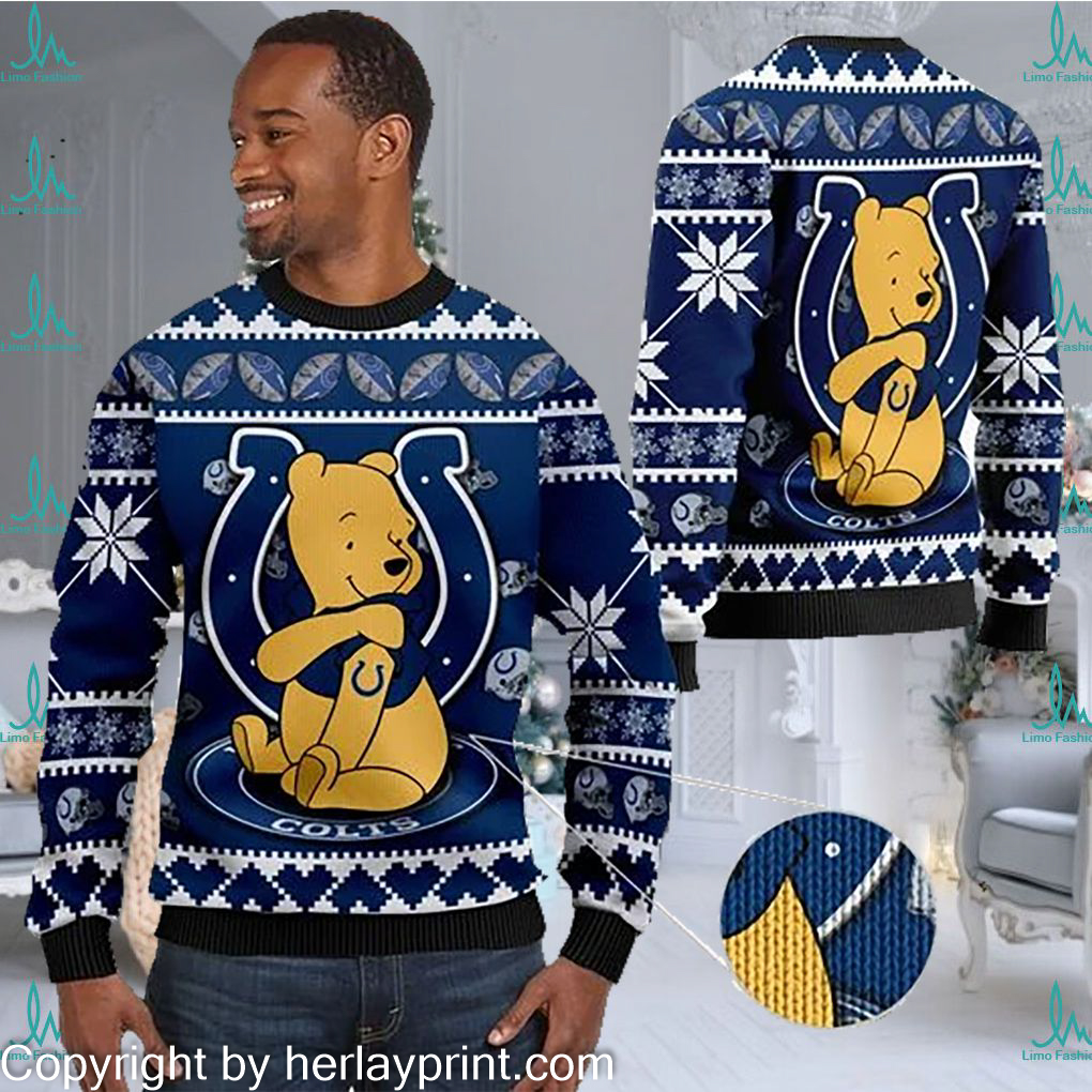Indianapolis Colts NFL American Football Team Logo Cute Winnie The Pooh Bear 3D Ugly Christmas Sweater Days