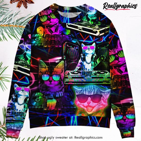 cat-dj-cool-life-ugly-christmas-sweater-1