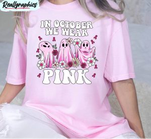 in october we wear pink halloween shirt, breast cancer tee tops unisex hoodie