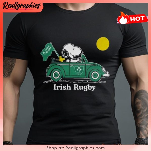 peanuts snoopy and woodstock irish rugby on car 2023 unisex shirt