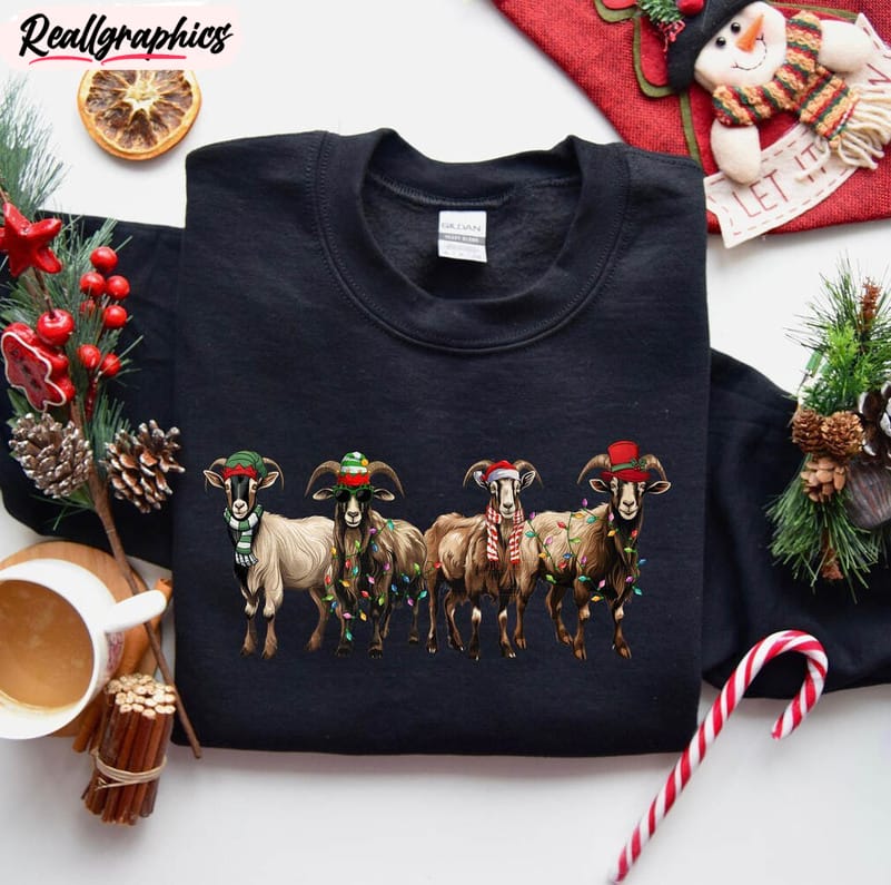 Goat Christmas Light Shirt, Christmas Goat Long Sleeve Hoodie