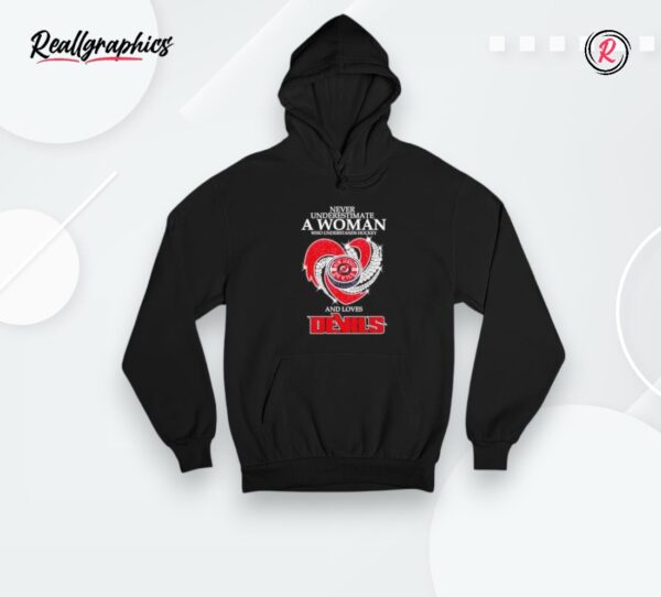 never underestimate a woman who understands hockey and loves devils heart hockey puck logo shirt
