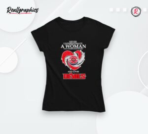 never underestimate a woman who understands hockey and loves devils heart hockey puck logo shirt
