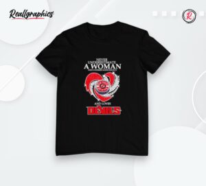 never underestimate a woman who understands hockey and loves devils heart hockey puck logo shirt