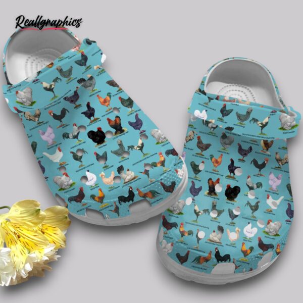 mint blue chicken print clogs