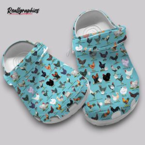 mint blue chicken print clogs
