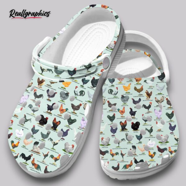 mint green clogs - chicken breed print shoes
