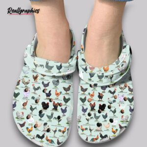 mint green clogs - chicken breed print shoes