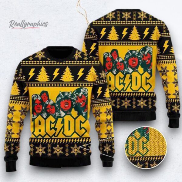 ACDC With Band Member Yellow And Black Color Ugly Christmas Sweater