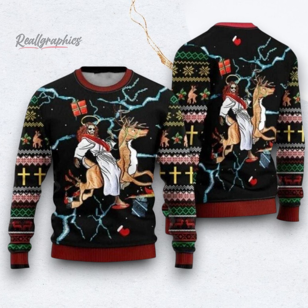 Jesus Riding Reindeer Black Ugly Christmas Sweater For Men Women Christian Sweater God Gift Gift For Christian Jesus Winter Fashion 3048 Jesus Riding Reindeer Black Ugly Christmas Sweater For Men Women Christian Sweater God Gift Gift For Christian Jesus Winter Fashion 3048