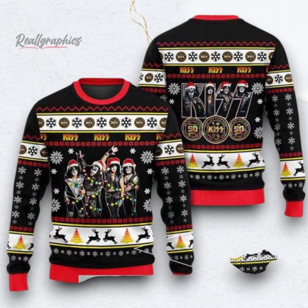 Merry Kissmas For Kiss Band Lovers With Black Reindeer Pattern Ugly Christmas Sweater