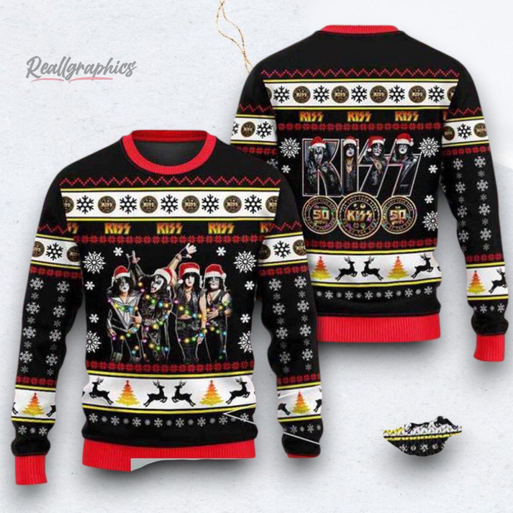 Merry Kissmas For Kiss Band Lovers With Black Reindeer Pattern Ugly Christmas Sweater Merry Kissmas For Kiss Band Lovers With Black Reindeer Pattern Ugly Christmas Sweater