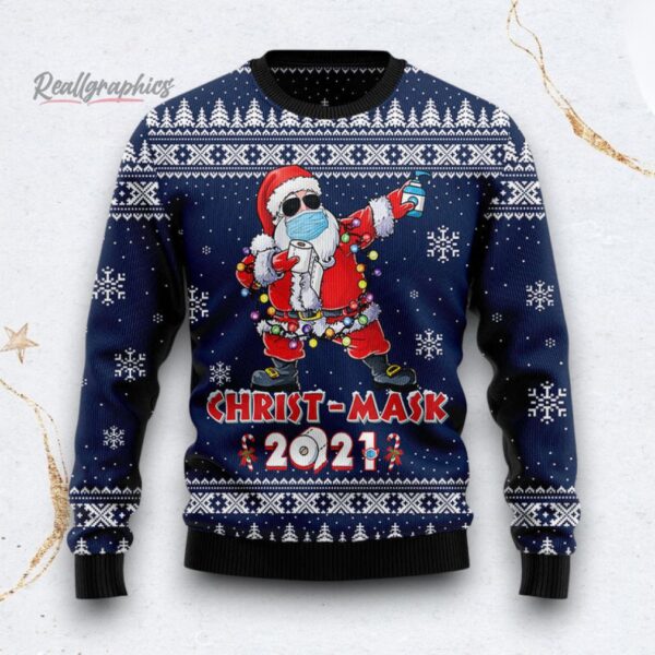 merry christ mask santa claus ugly christmas sweater 1 xc1ubt