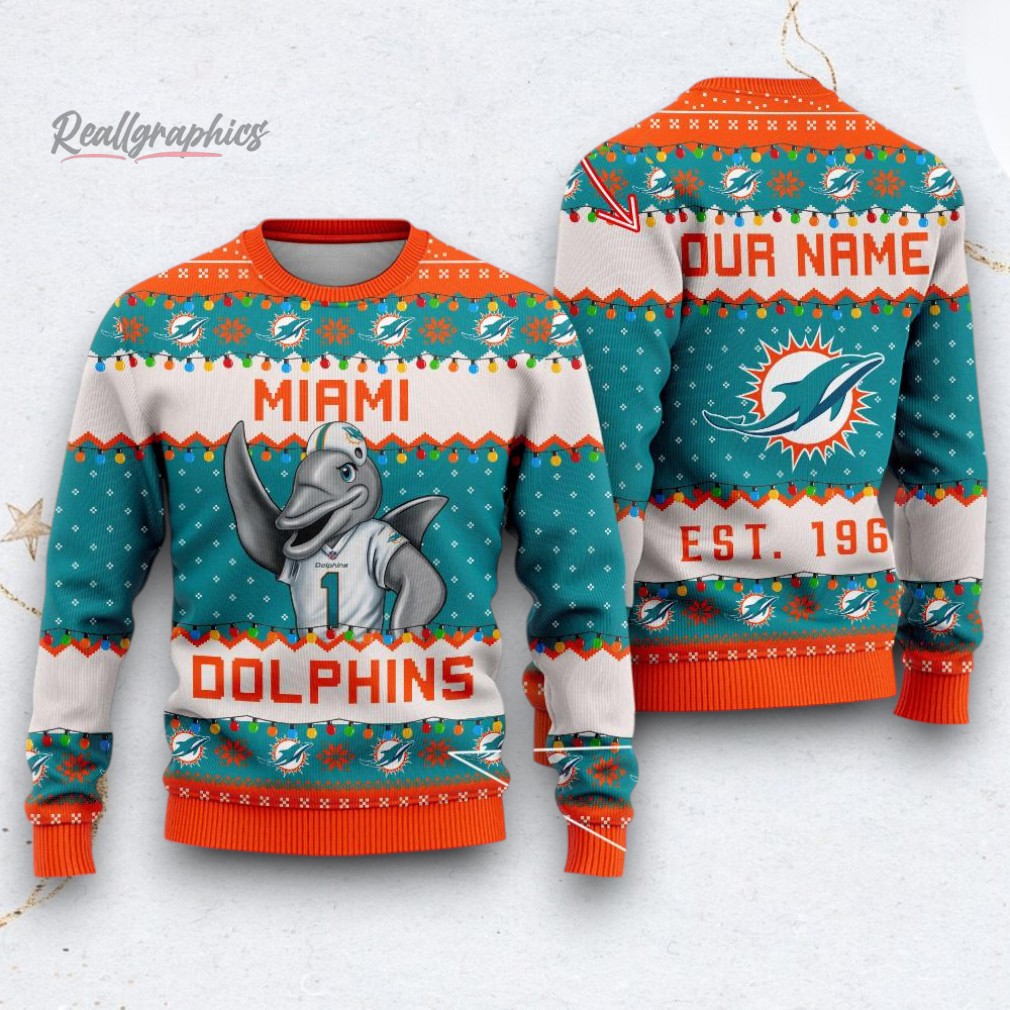NFL Miami Dolphins Cute Mascot Custom Ugly Christmas Sweater NFL Miami Dolphins Cute Mascot Custom Ugly Christmas Sweater