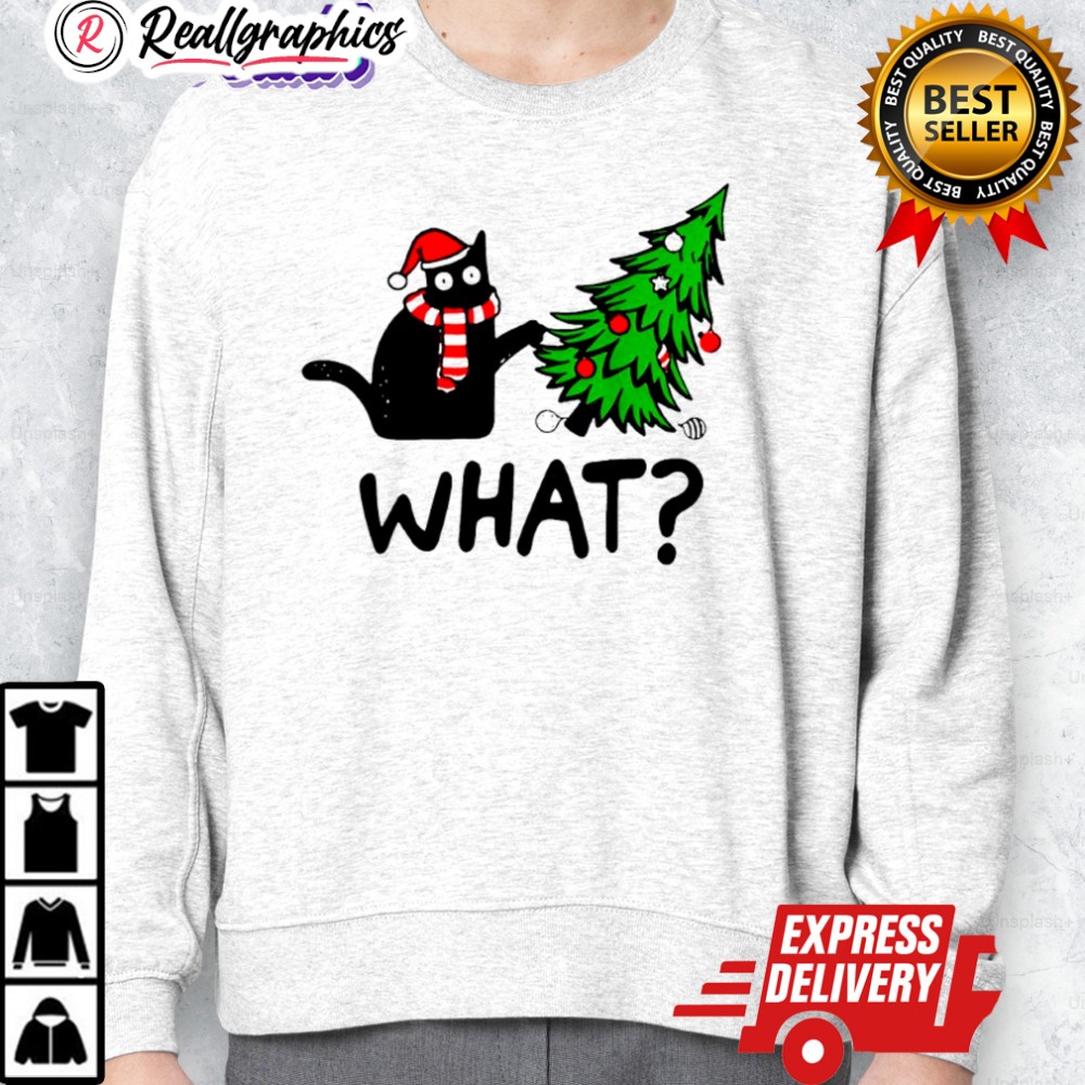 black cat gift pushing christmas tree oer cat what shirt 2 jle7z8