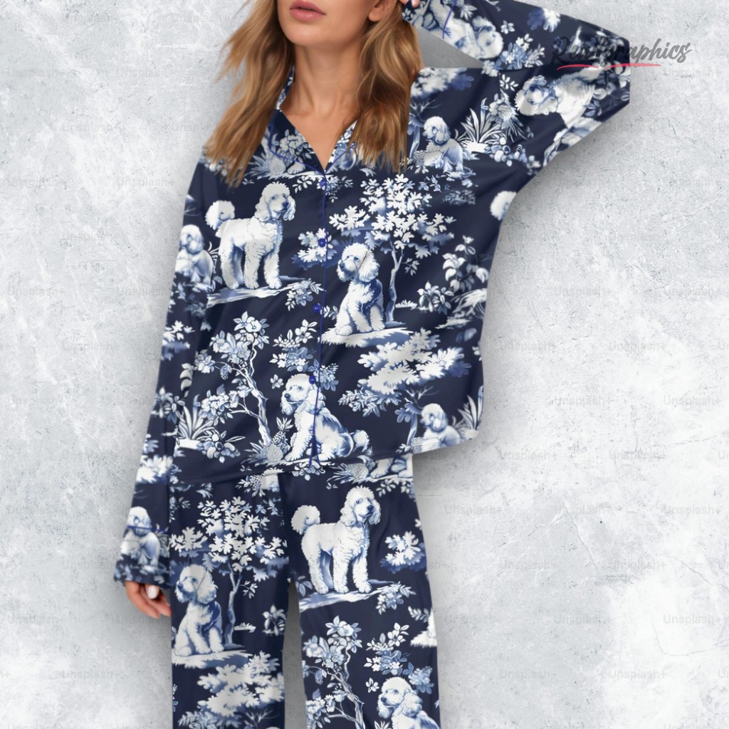 blue poodle dog satin pajama set 2 xyajl9