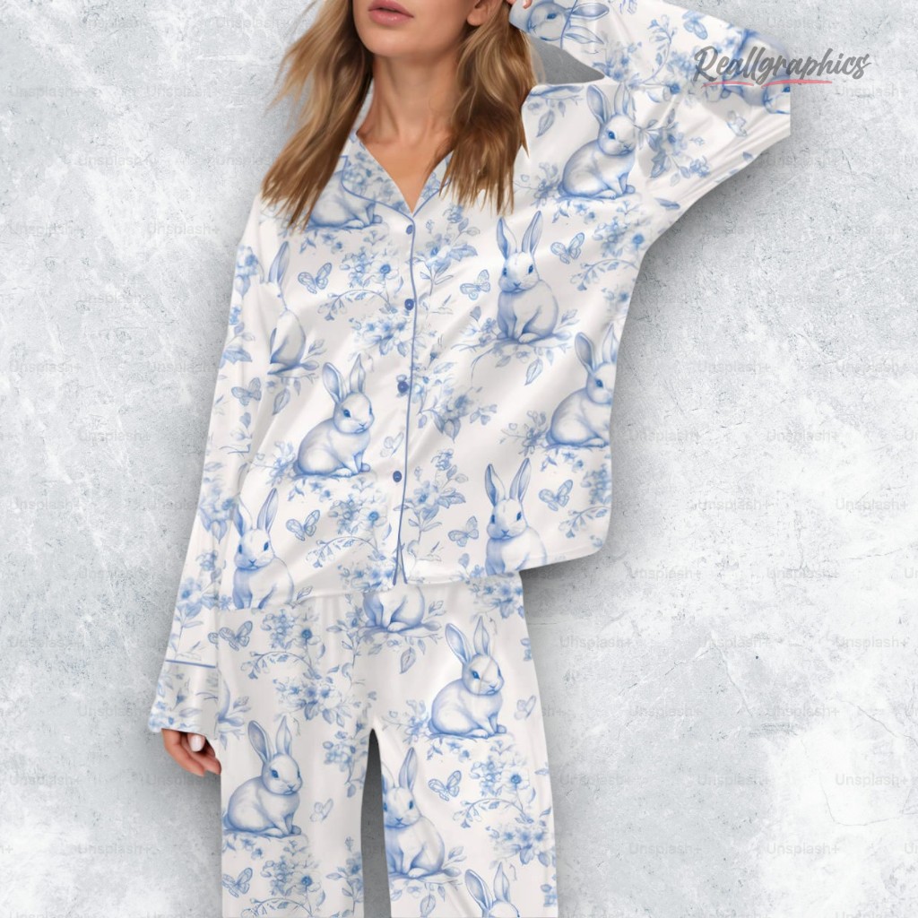 blue toile bunnies satin pajama set 2 ohix1n