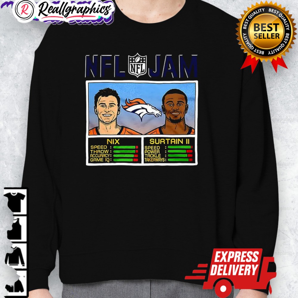 bo nix and patrick surtain ii dener broncos nfl jam classic video game shirt 2 tfg42p