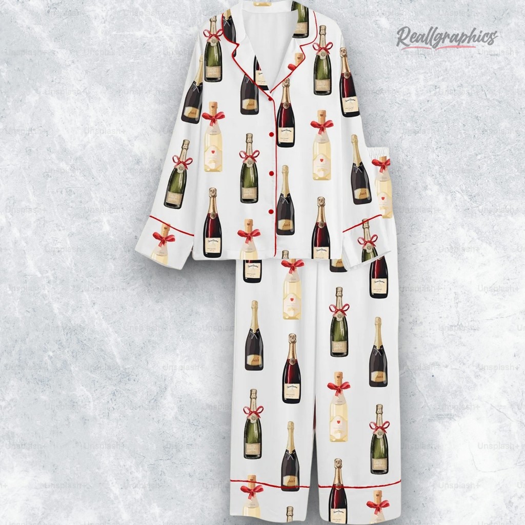 Christmas Champagne Bottles With Red Bows Satin Pajama Set Christmas Champagne Bottles With Red Bows Satin Pajama Set