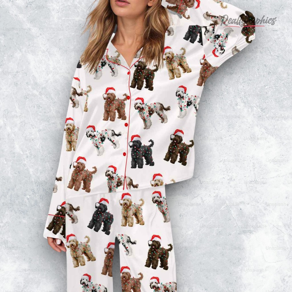 christmas doodle dog silky satin pajama set 2 iglqmq