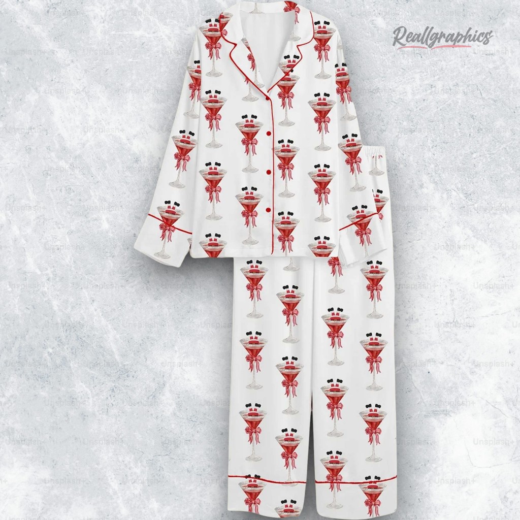 Christmas Martini Santa Bow Martini Drink Satin Pajama Set Christmas Martini Santa Bow Martini Drink Satin Pajama Set