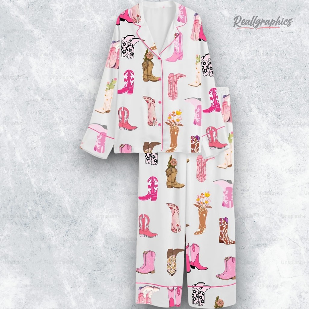 Colorful Cowboy Boot Flowers Satin Pajama Set Colorful Cowboy Boot Flowers Satin Pajama Set