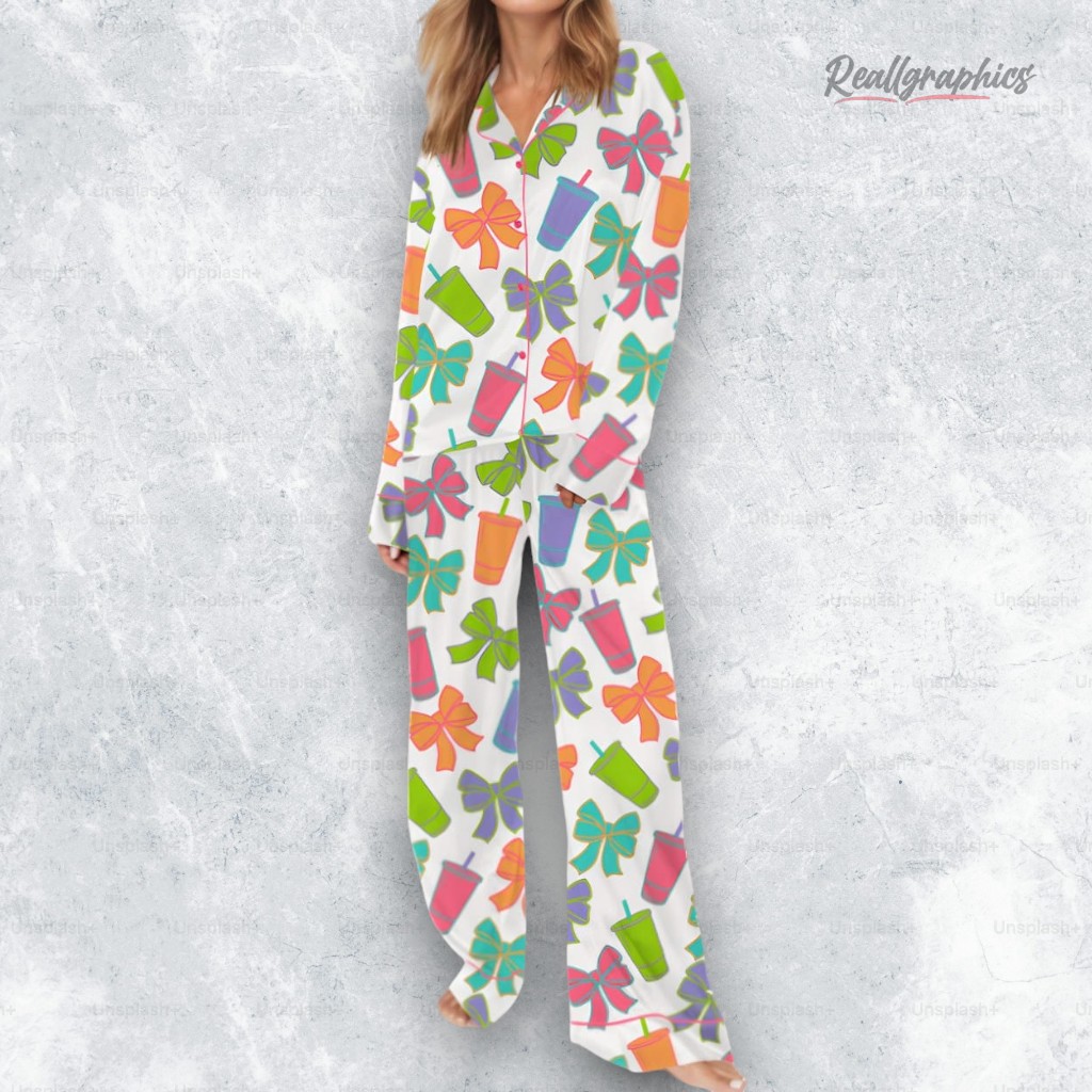 Colorful Loaded Tea Bow Satin Pajama Set Colorful Loaded Tea Bow Satin Pajama Set