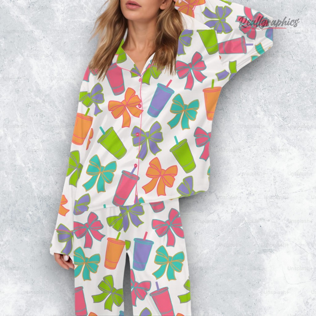 colorful loaded tea bow satin pajama set 2 rayw4i