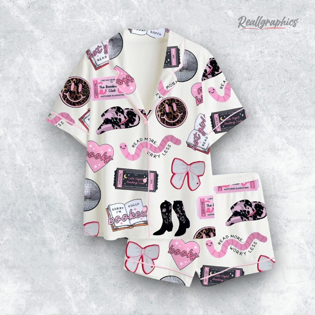 disco ball cherries smiley bookworm satin pajama set 2 lsqvmu