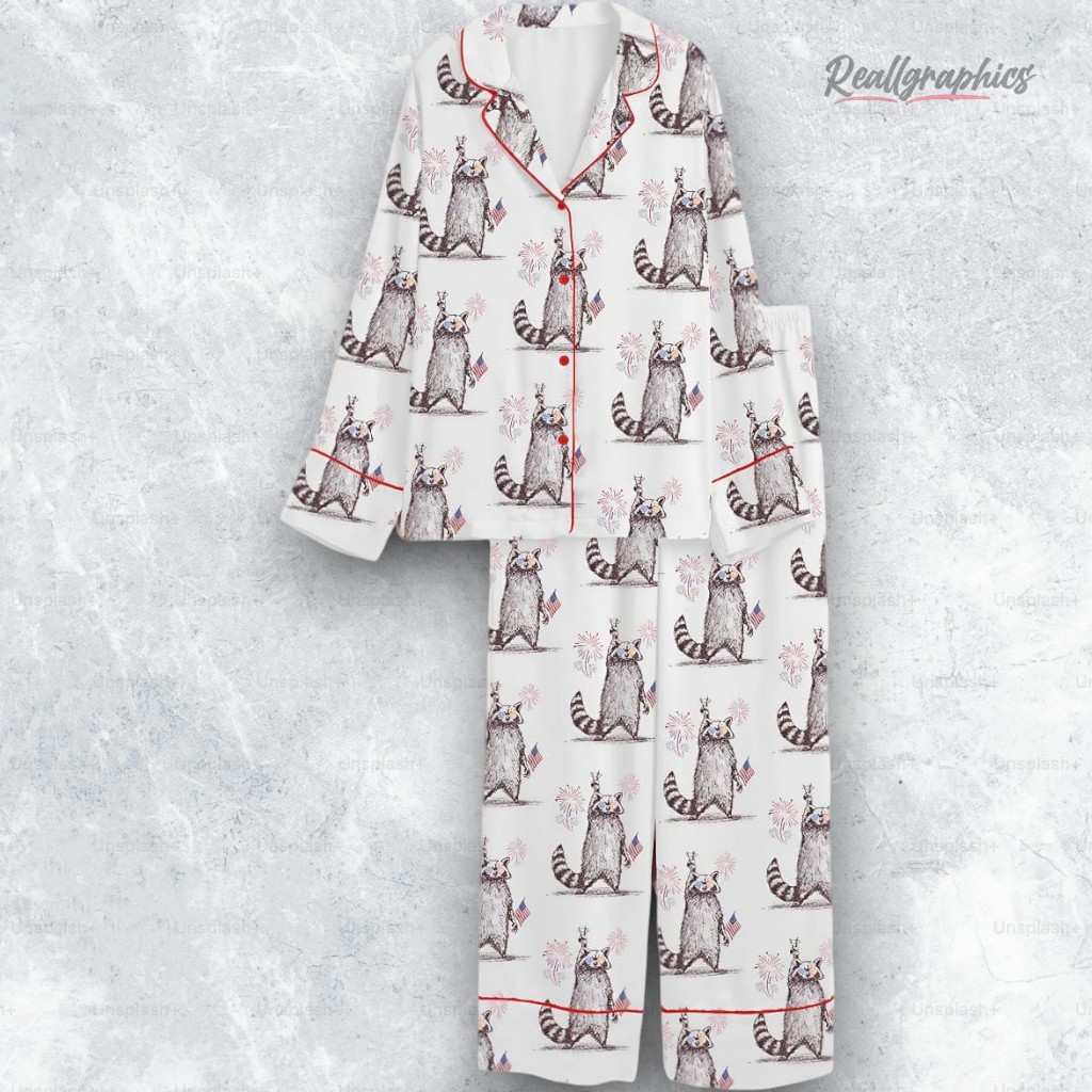 Feral But Free Fireworks Summer Raccoon 4th Of July Print Pajama Set Feral But Free Fireworks Summer Raccoon 4th Of July Print Pajama Set