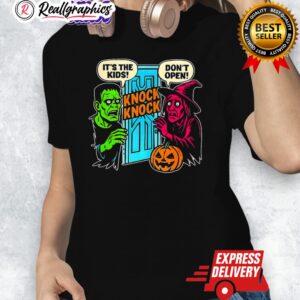 frankenstein and witch knock knock its the kids dont open halloween shirt 1 eb2vy9