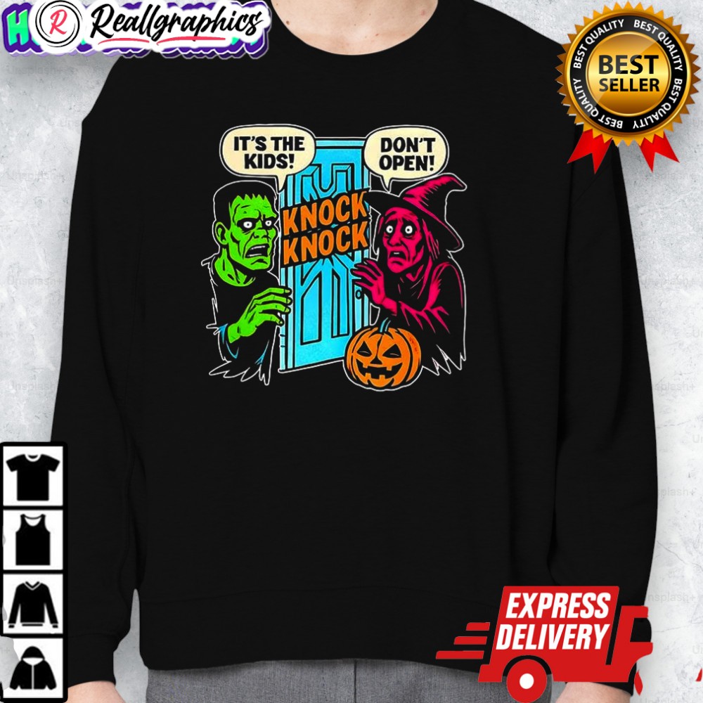 frankenstein and witch knock knock its the kids dont open halloween shirt 2 cg3oz8