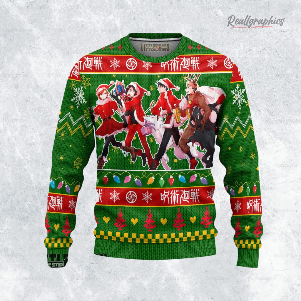 jujutsu kaisen characters ugly christmas sweater green 2 spzkuj