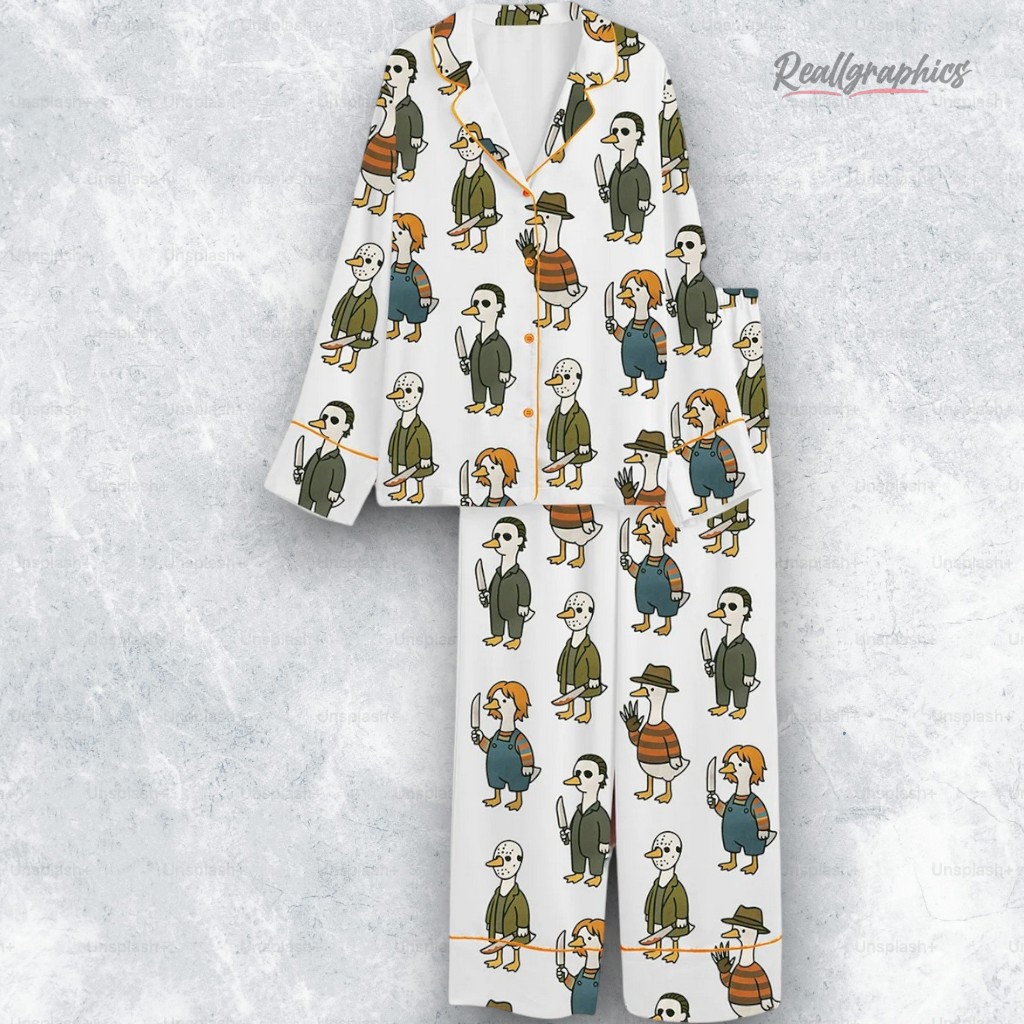 Just A Horror Goose Halloween Silly Goose Horror Movie Satin Pajama Set Just A Horror Goose Halloween Silly Goose Horror Movie Satin Pajama Set