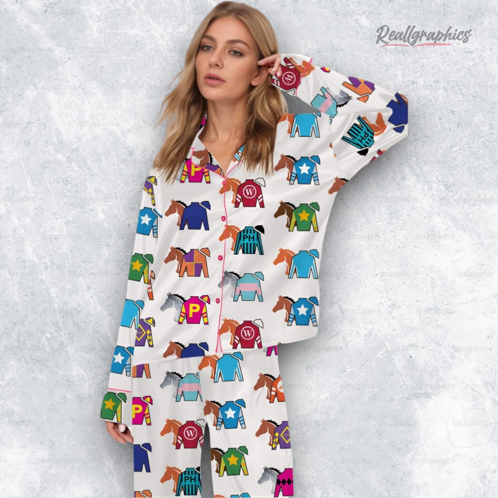 Kentucky Derby Contenders Colorful Jockey Horse Racing Satin Pajama Set Kentucky Derby Contenders Colorful Jockey Horse Racing Satin Pajama Set