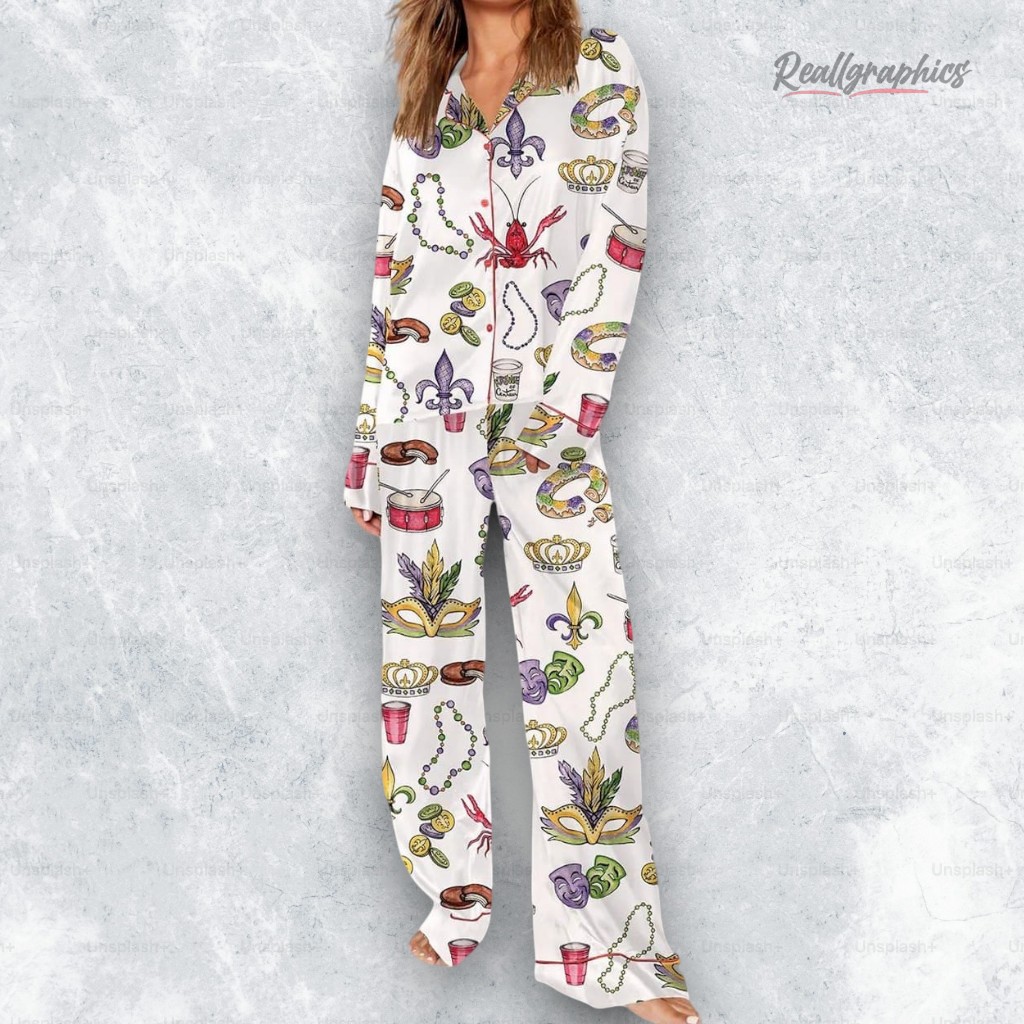 mardi gras beads king cake crawfish pajama set 2 icstqn