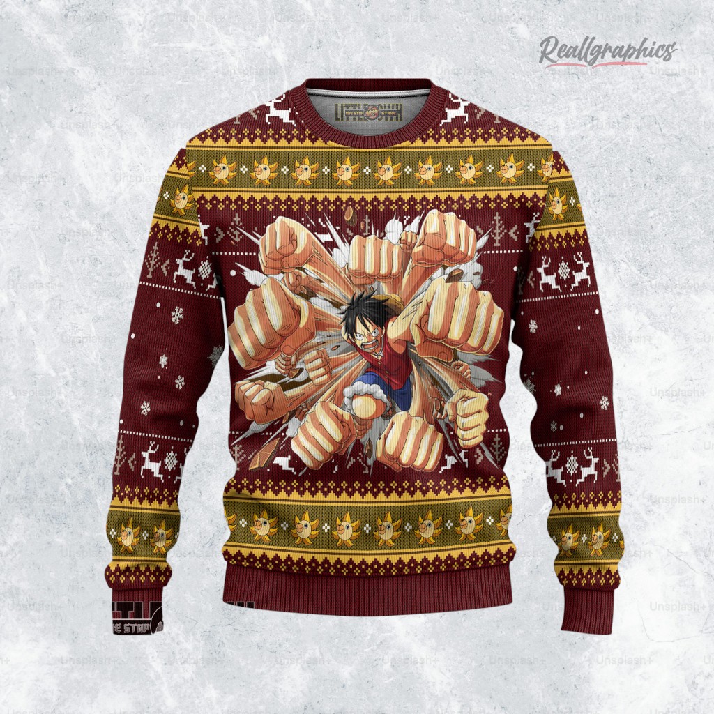 One Piece Ugly Christmas Sweater Luffy Gun Punches Custom Anime Sweatshirt One Piece Ugly Christmas Sweater Luffy Gun Punches Custom Anime Sweatshirt