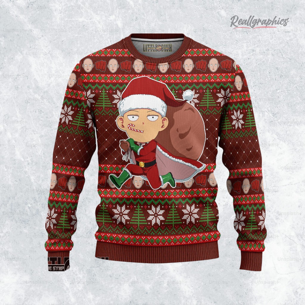One Punch Man Ugly Christmas Sweater Saitama Custom Anime Sweatshirt One Punch Man Ugly Christmas Sweater Saitama Custom Anime Sweatshirt