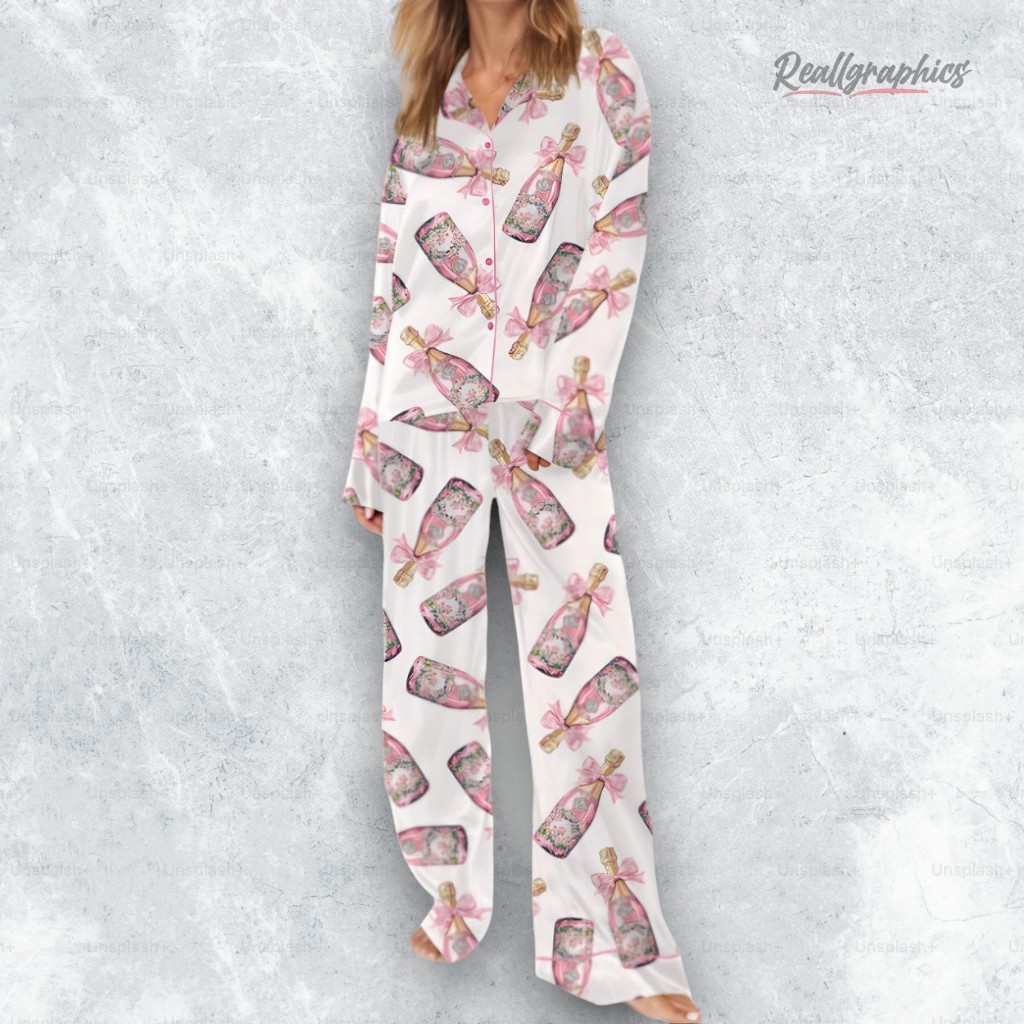 Pink Coquette Floral Champagne Satin Pajama Set Pink Coquette Floral Champagne Satin Pajama Set