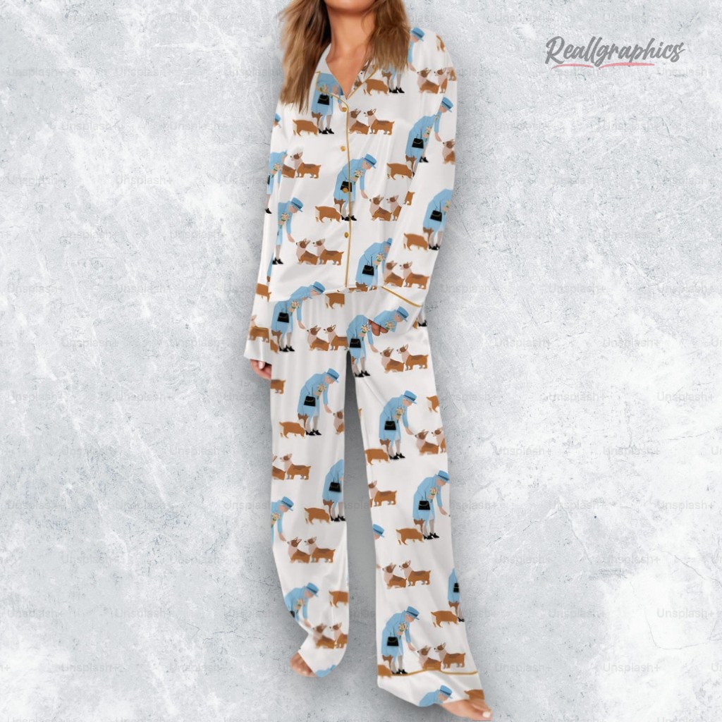 Queen Elizabeth II And Her Corgis Satin Pajama Set Queen Elizabeth II And Her Corgis Satin Pajama Set